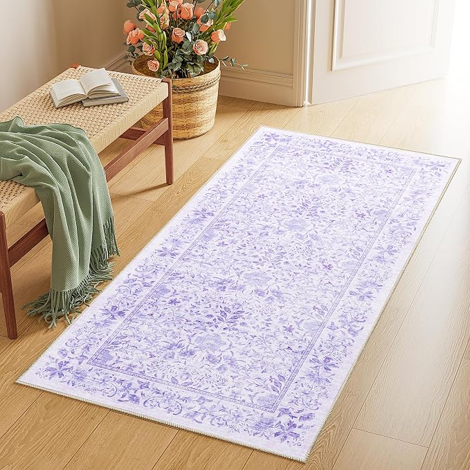 DUKINO 2x4 Rug, Washable Vintage Floral Bathroom Runner Rug, Purple | Non Slip, Low Pile, Stain Resistant, Aesthetic Lightweight Soft Indoor Carpet for Kitchen Entryway Hallway Bathroom Bedroom