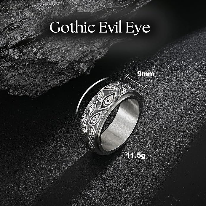 Gothic Evil Eye of God Rings,Stainless Steel Vintage Black Engraved Spinner Rings Fidget Band Stress Relieving Anxiety Jewelry Gifts for Men