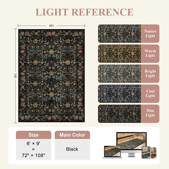 DUKINO 6x9 Area Rug, Vintage Floral Washable Rugs for Living Room, Black | Non Slip, Low Pile, Non-Shedding, Soft Indoor Large Carpet for Bedroom, Office, Dining Room, Farmhouse, Nursery, Home Decor