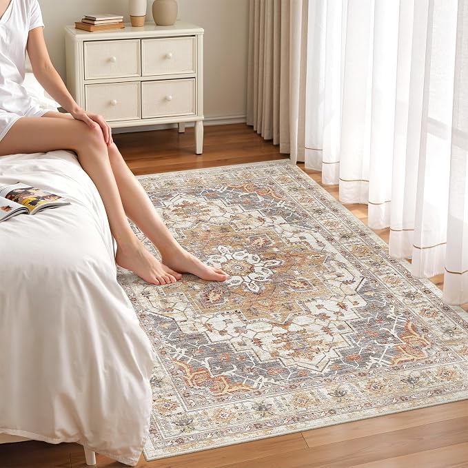 befbee 4x6 Rugs for Living Room Bedroom,Non-Slip Washable Rug,Stain Resistant Lightweight Area Rugs for Dining Room,Ultra-Thin Indoor Floor Carpet (Turmeric/Grey, 4'x6')