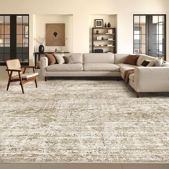 8x10 Area Rugs for Living Room,Large Washable Rug,Brown | Rugs for Bedroom,Dining Room,Office,Low Pile,Soft, Neutral Rug,Stain Resistant Indoor Carpet,Non Slip,Home Decor