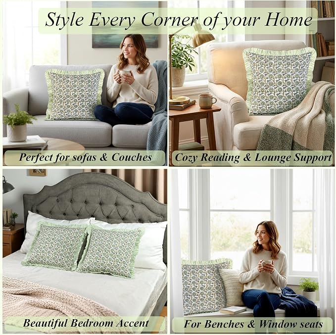 Ridhi Block Print Bloom Bubbles Throw Pillow Cover 20" x 20" (Pack of 2) Decorative Cushion Covers with Ruffle for Couch, Sofa, Bed, Living Room, Home Decor Gift for Spring, Easter, Valentine