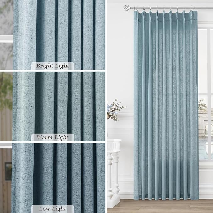 Pinch Pleated 90 Inch Curtains 2 Panels for Living Room Linen Curtains 90 Inches Long Pinch Pleat Drapes for Track System Light Filter Semi Sheer Curtain for Dining Bedroom Office Stone Dusty Blue