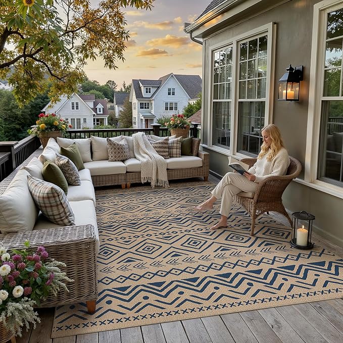 PureCozy 8x10 Easy Jute Outdoor Rug Blue Boho Indoor Outdoor Area Rug Farmhouse Patio Carpet for Backyard, Patio, Porch, Living Room，Easy-Cleaning, High Traffic, Pet-Friendly, Non-Shedding
