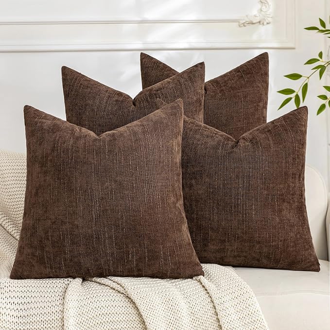 Set of 4 Soft Textured Decorative Throw Pillow Covers 20x20 Inch Cozy Farmhouse Cushion Cover Square Accent Pillow Cases for Bed Couch Sofa Living Room, Dark Brown