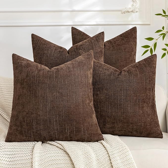 Set of 4 Soft Textured Decorative Throw Pillow Covers 24x24 Inch Cozy Farmhouse Cushion Cover Square Accent Pillow Cases for Bed Couch Sofa Living Room, Dark Brown