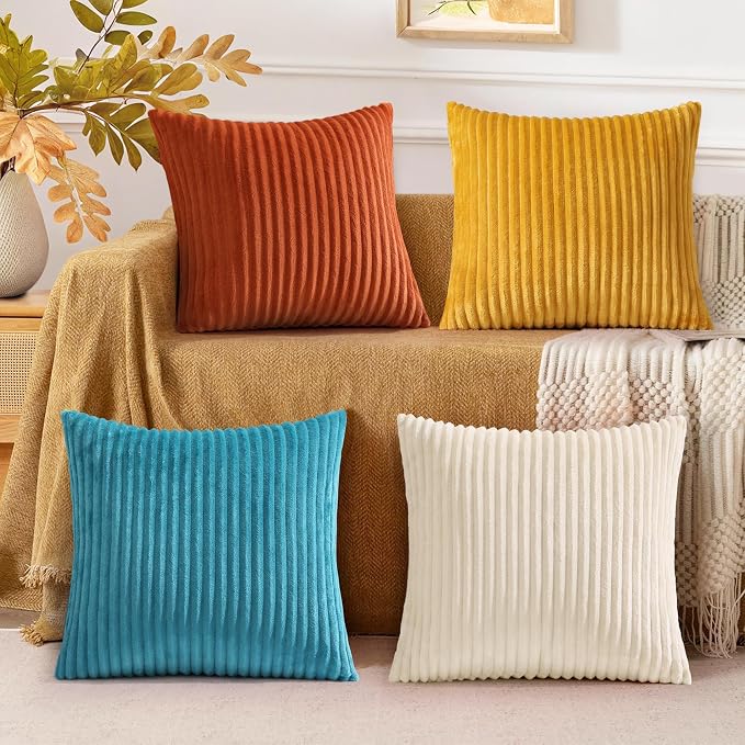 decorUhome Flannel Beige Rust Throw Pillow Covers 20X20 Set of 4 | Decorative Fall Soft Fluffy Striped Double-Sided Couch Pillow Covers, Modern Farmhouse Pillow Cases for Sofa bed Home Decor