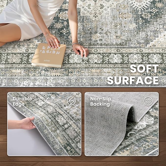 zesthome 6x9 Area Rug, Super Soft Washable Rugs for Living Room, Non-Slip Stain Resistant Vintage Rugs, Ultra-Thin Large Area Rugs (Wheat/Charcoal,6'x9')