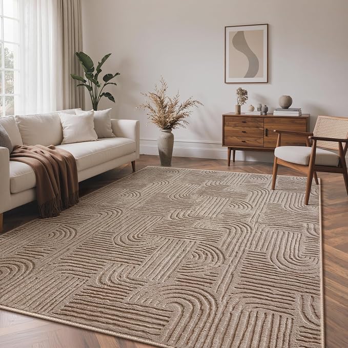 GENIMO Soft Washable Area Rugs 8x10, 3D Modern Arch Pattern Living Room Rug, High-Low Pile Textured Non Slip Carpet, Non-Shedding Stain Resistant Light Brown Rugs for Bedroom, Dining Room, Nursery