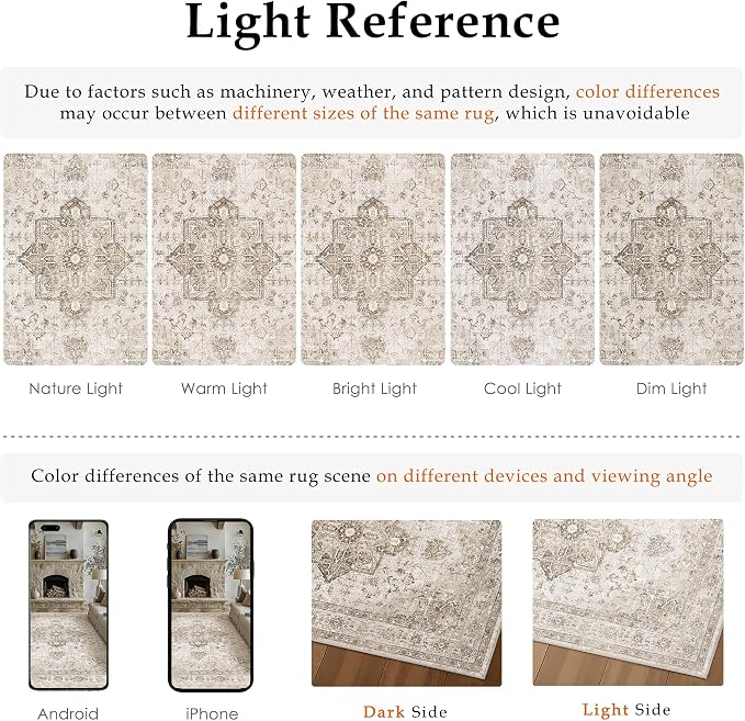 PureCozy Taupe 8x10 Area Rug Washable Vintage Living Room Carpet Non Slip Retro Distressed Low Pile Soft Oriental Medallion Thin Large Throw Rug for Office Bedroom Dining Room Playroom