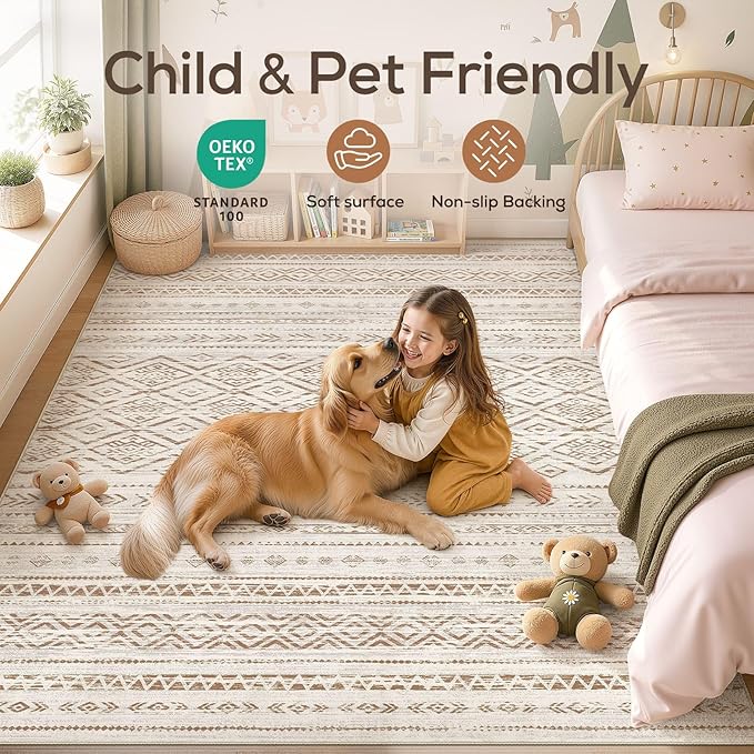 Nakagishi Area Rug Living Room Rugs: 8x10 Large Soft Machine Washable Boho Moroccan FarmNeutral Stain Resistant Indoor Floor Carpet for Bedroom Under Dining Table Home Office Decor-Brown