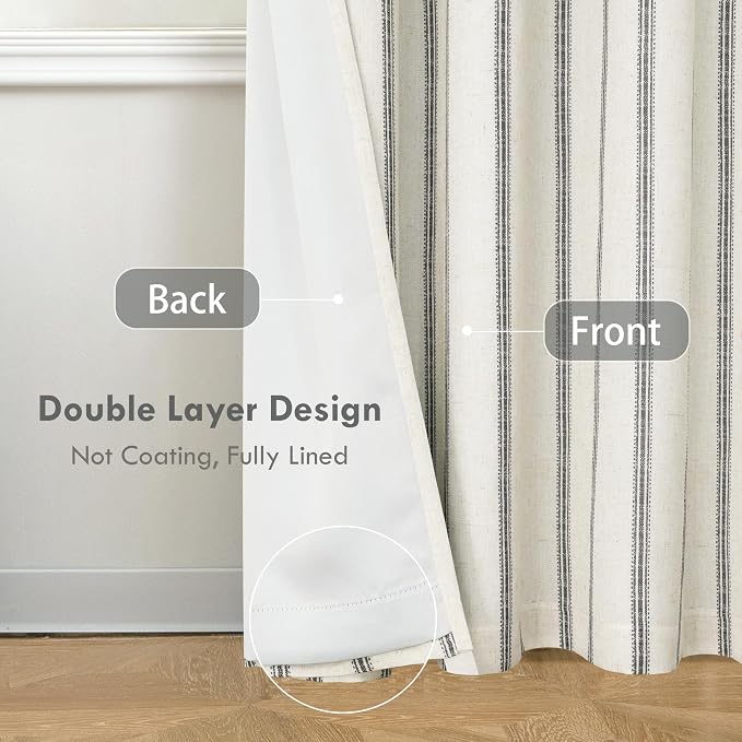 DriftAway Farmhouse Stripe Blackout Curtains, W52xL108, Black | Blackout, Linen Texture, Stripe Pattern, Rod Pocket & Back Tab, Two Layers, Bedroom Living Room Use, Sound Reducing Design