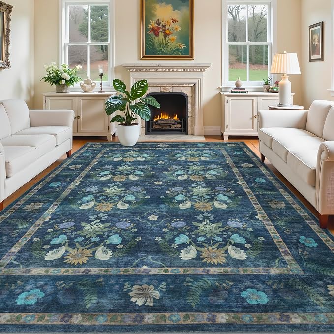 9x12 Floral Washable Area Rug, Blue Floral | Living Room,Low Pile Non Slip Girls Carpet Non-Shedding Soft Indoor Stain Resistant Vintage Kids Mat for Bedroom Dining Room
