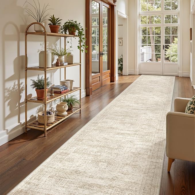 2'6 x 16' Runner Rug Non Slip,Washable Kitchen Rugs,Beige | 16ft Runner Rug for Hallway,Entryway,Bedroom,Living Room,Thin,Soft, Extra Long Rug,Stain Resistant Indoor Carpet