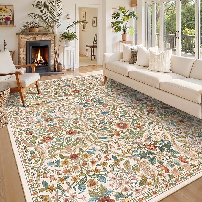 8x10 Washable Area Rug for Living Room, Large Vintage Beige Floral Rugs, Soft Non-Slip Stain Resistant Boho Lightweight Carpet for Girls Bedroom Dining Room Nursery Home Office