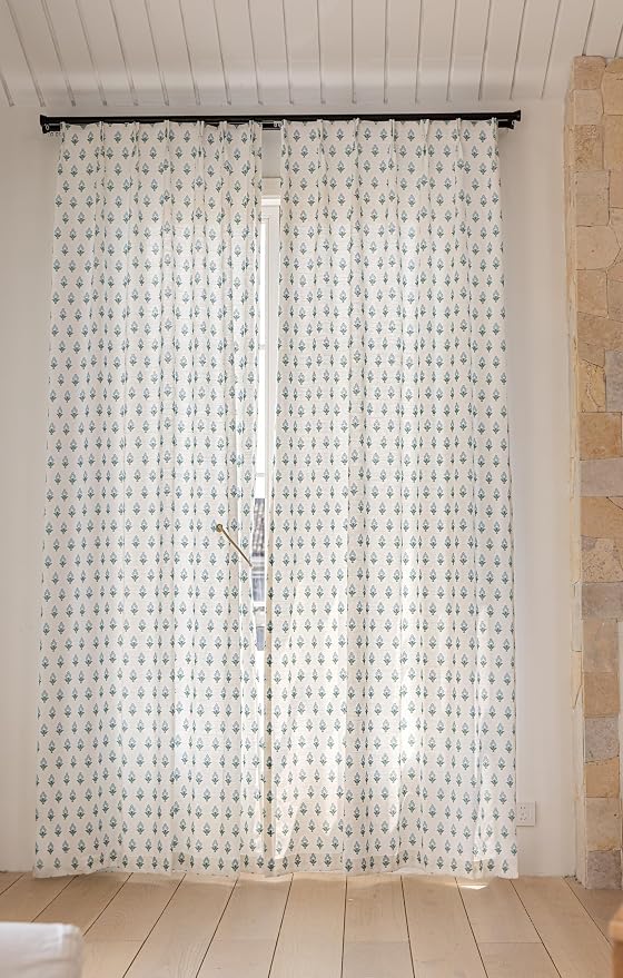 DrapePalette - Linen Blend Pinch Pleated Curtains 96 Inches Long for Living Room, Bedroom, Dining Room, Light Filtering Curtains 2 Panels Set, Modern Floral Printed Design, Indigo Bud, 30" W x 96" L