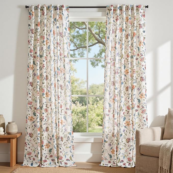 jinchan Beige Floral Linen Curtains 108 Inch Vintage Back Tab 2 Panels | Farmhouse, cottage core, light filtering, semi sheer, privacy, living room, bedroom, flower, rod pocket, window treatment
