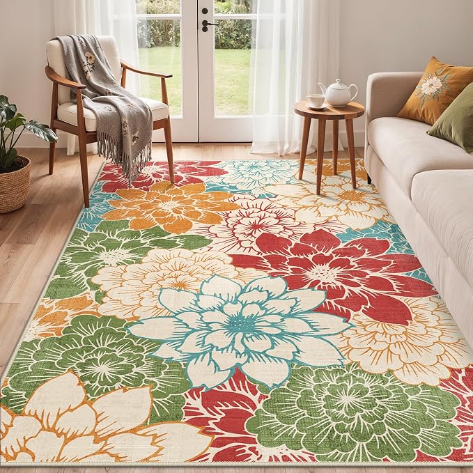 GENIMO 5x8 Outdoor Rug, Washable for Patio and Deck, Rust Teal | Floral design for porch; fade resistant chenille with quick-dry non-slip backing for indoor sunroom
