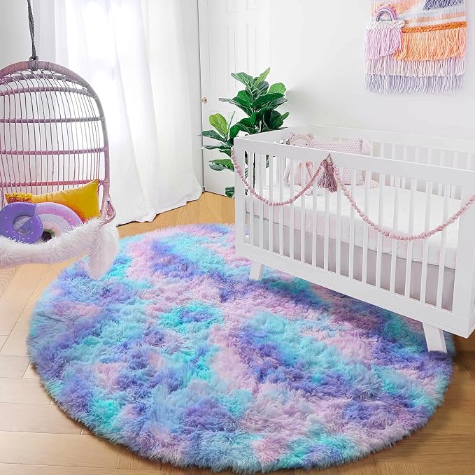 Amdrebio Purple Rainbow Small Round Rug 3Ft for Bedroom Girls Room Decor, Mermaid Kids Rugs for Playroom Nursery Dorm, Fluffy Furry Cute Shag Carpet, Kawaii Circle Area Rugs for Baby Toddler Princess
