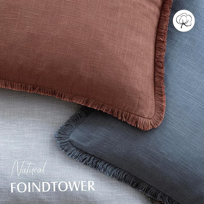 Foindtower Set of 2 Decorative Linen Fringe Lumbar Throw Pillow Covers Boho Farmhouse Cushion Cover with Tassels Soft Accent Pillowcase for Couch Sofa Bed Living Room Home Decor,12×20 Inch,Rust Red