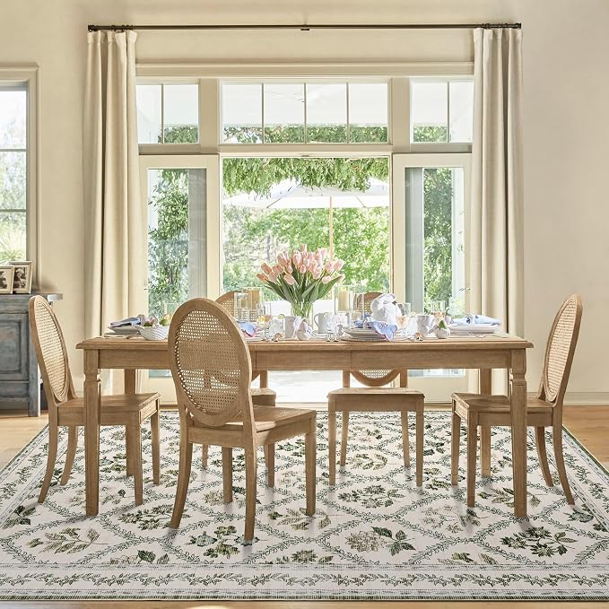 9x12 Olive Green Area Rugs Washable Rug for Living Room Big Bedroom Faux Wool Soft No Slip Floral Emerald Hunter Green and Beige Boho Vintage Extra Large Carpet for Dining Room Under Table 9x12