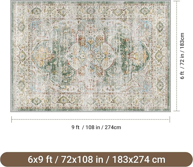 befbee 6x9 Area Rugs for Living Room - Stain Resistant Non-Slip Backing Machine Washable Rugs for Bedroom - Boho Persian Large Area Rug (Green, 6'x9')