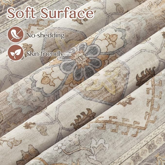 Tortania Area Rug Living Room Rugs - 8x10 Washable Boho Rug Vintage Oriental Distressed Farmhouse Large Thin Indoor Carpet for Living Room Bedroom Under Dining Table Home Office - Greige
