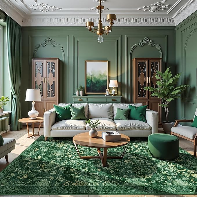 Dark Green Area Rugs 7x9 for Bedroom Nursery, Machine Washable Vintage Rugs, Distressed Living Room Rug, Non Slip Rugs for Living Room Rug Carpet Green for Dining