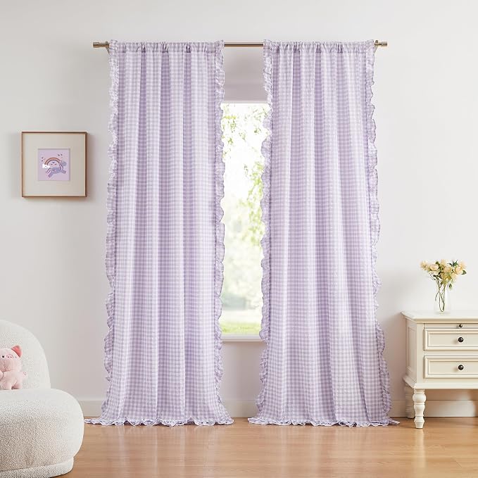 ZJDECOR Purple Buffalo Plaid Crinkle Ruffle Window Curtains 84 Inches Long | Lavendar Cottage Not-See-Through Sheer Drapes for Nursery Kidsroom,Farmhouse Window Treatment,Rod Pocket,40"Wx84"Lx2