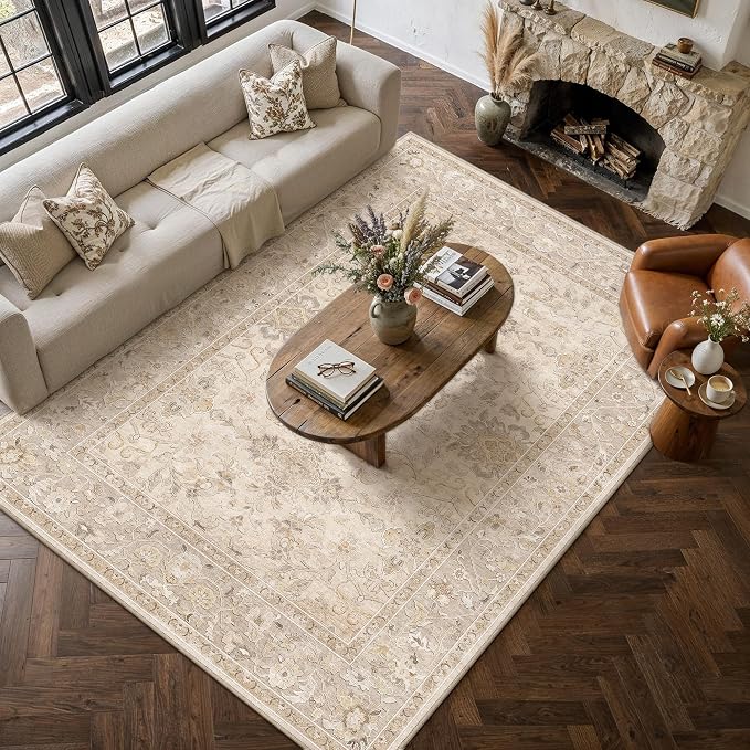 9x12 Beige Washable Area Rug Non Slip Vintage Carpet | Soft Low Pile, Lightweight Foldable, Pet Friendly, Living Room, Bedroom, Dining Room, Classroom, Playroom