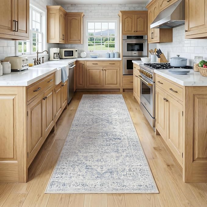 FMFUNCTEX 2x6 Runner Rug Blue Vintage Neutral Washable Distressed Oriental Non Slip Low Pile Indoor Carpet Retro Hallway Entryway Rug for Kitchen Living Room Bedroom Bathroom Laundry Entry Bedside