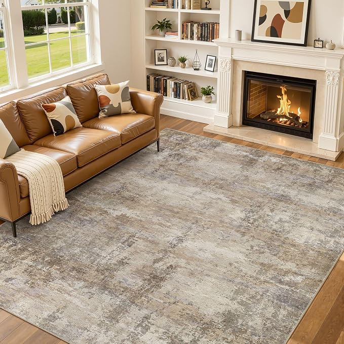 9x12 Area Rugs for Living Room, Washable Non Slip Bedroom Carpet | Neutral Modern Abstract Large Area Rug, Soft Low Pile Lightweight Made for Dining Room, Nursery, Home Office - Dark Brown