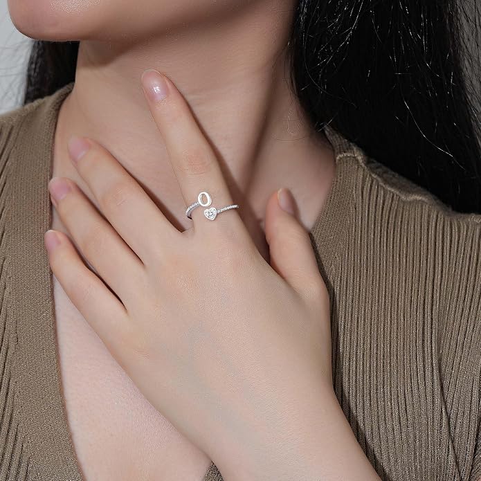 Step Forward 925 Sterling Silver Adjustable Initial Ring for Women | Non Tarnish Letter Rings for Lady | Alphabet Heart Thumb Rings | Capital Letter Jewelry Gifts