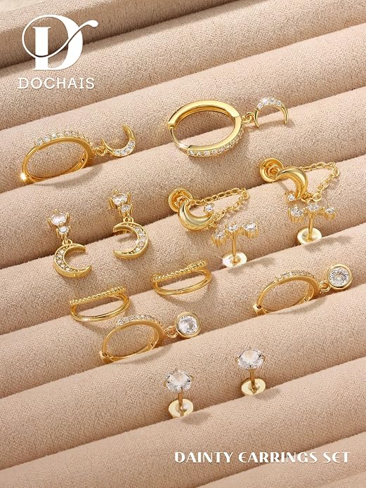 Dochais Flat Back Cartilage Earrings for Women Trendy Dainty CZ Flatback Studs Earing Sets 14k Gold Plated Hypoallergenic Huggie Hoops Earring Stacks for Multiple Piercing