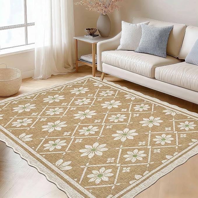 ORTIGIA Scalloped Easy Jute 3x5 Area Rug Boho Vintage Brown Floral Farmhouse Washable Rug Non-Slip Indoor Outdoor Carpet for Living Room Bedroom Kitchen Patio Entryway