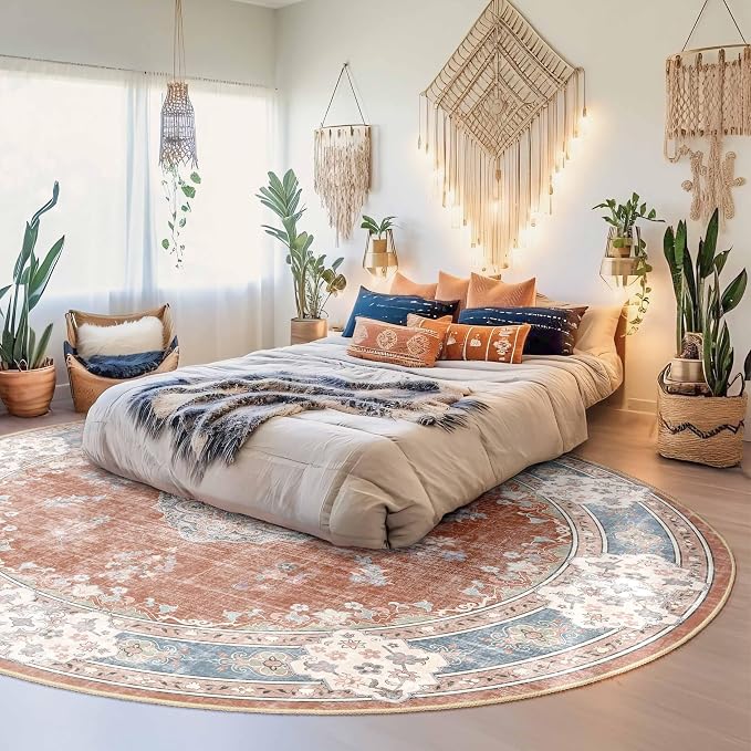 MUJOO Round Rug 9ft,Circle Washable Area Rug Non Slip Low-Pile Floral | Large Circular Rugs for Living Room Bedroom Dining Room Boho Throw Carpet Soft Floor Indoor Vintage Flowers Orange Navy Blue