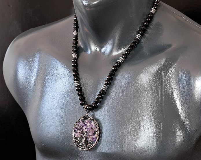 ElisaJewelryArt - Natural Amethyst Big Tree Of Life Pendant Black Onyx Stone Beaded Necklace Genuine Gemstone Feng Shui Stone Clasp Closure Necklace Unisex Necklace