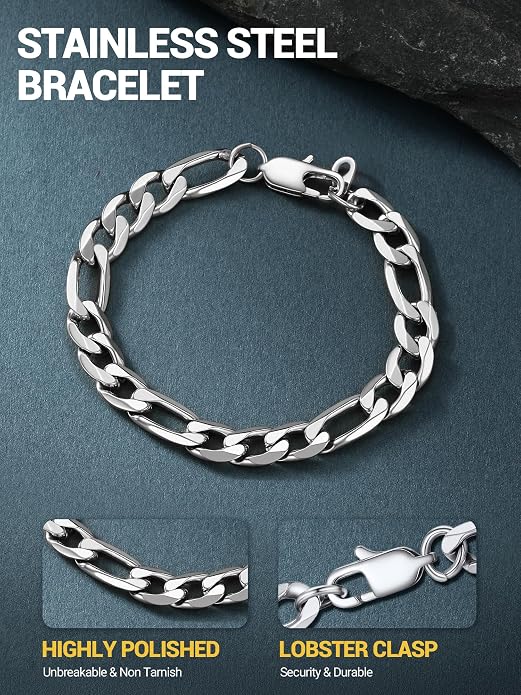 PROSTEEL Silver/Gold/Black Bracelets for Men Figaro Cuban Link, 6mm-13mm Width, 7.5"/8.3"/9" Length, Stainless Steel Mens Bracelet Jewelry with Gift Box