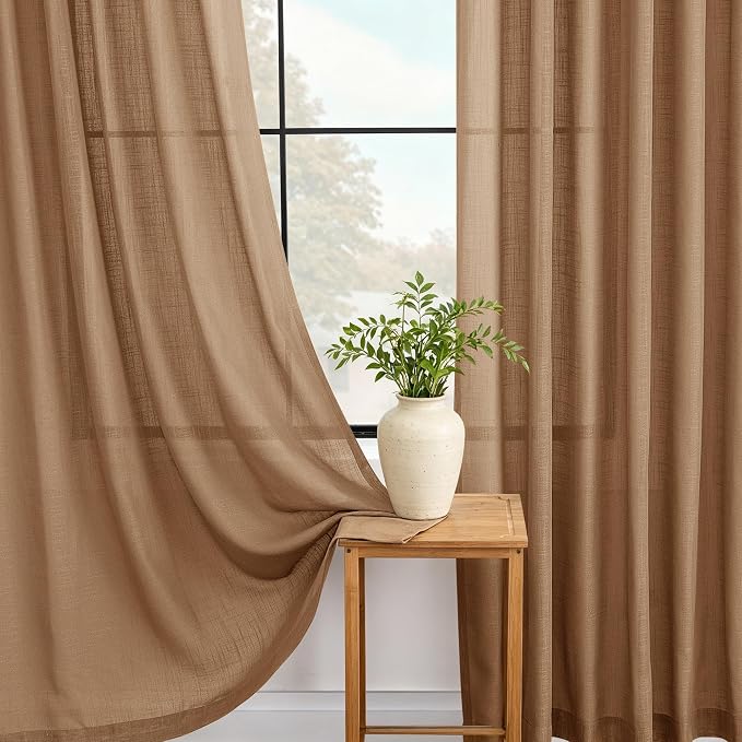 Brown Curtains for Living Room Back Tab Modern Farmhouse Semi Sheer Curtains 84 inches Long 2 Panels Set Muted Neutral Window Curtain for Dining Room Bedroom 52x84
