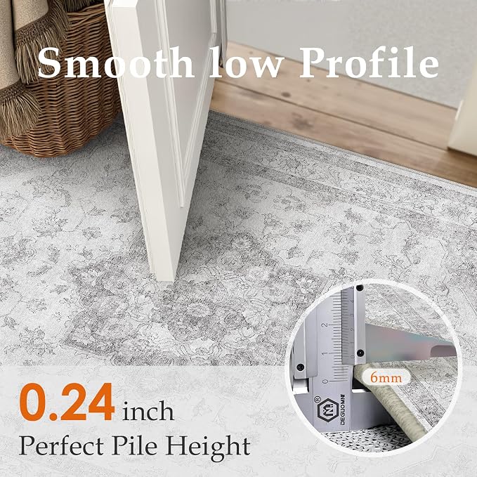 PureCozy Gray Area Rug 3x4 Washable Vintage Carpet Entryway Office Soft Retro Kitchen Low Pile Thin Door Mat Non Slip Grey Oriental Medallion Throw Small Rug for Bathroom Bedroom Dining Living Room