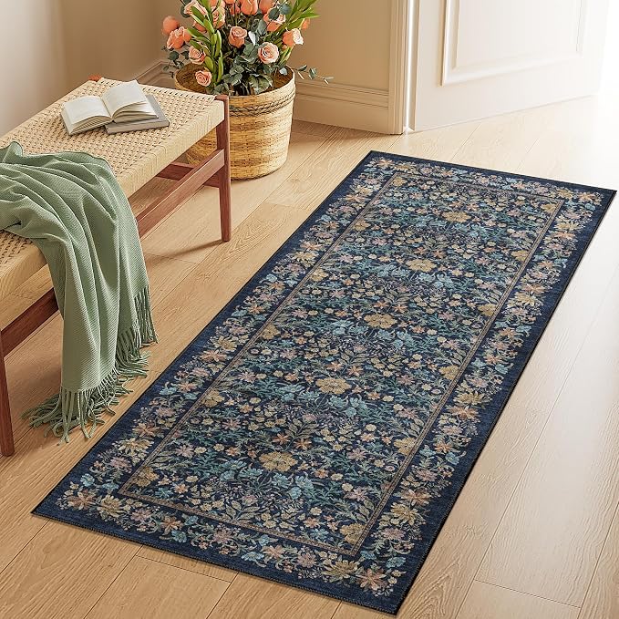 DUKINO 2x5 Rug Runner, Washable Vintage Floral Bathroom Rugs, Dark Blue | Non Slip, Low Pile, Stain Resistant, Lightweight Soft Carpet Runner for Laundry Room Kitchen Hallway Bedroom, Non-Shedding