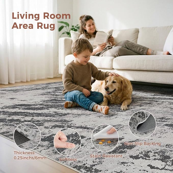 DMOYEST 10x14 Washable Area Rug: Abstract Modern Non-Slip Carpet, Soft Low Pile Indoor Neutral Easy Clean Floor Rugs for Living Room Bedroom Dining Room Kids & Pets - Black