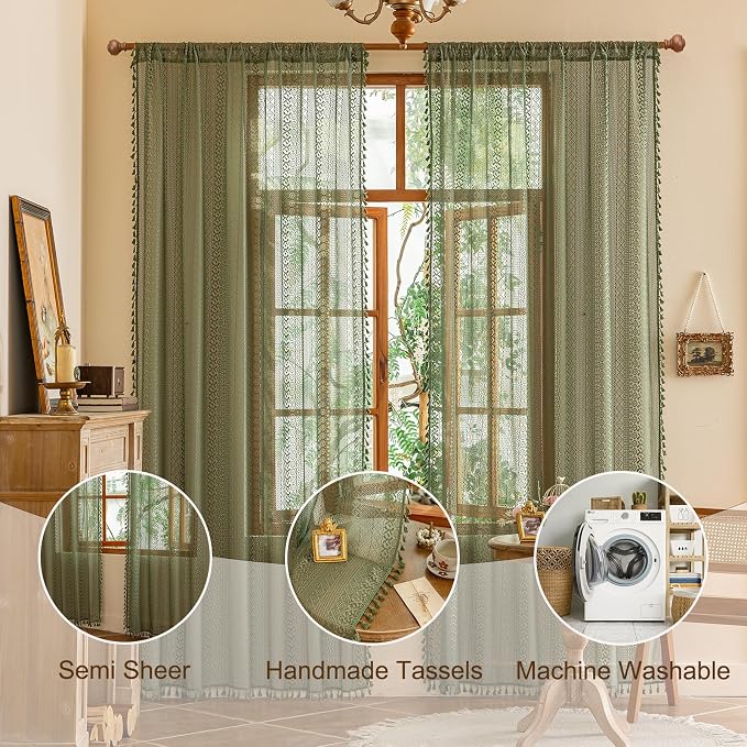 Sutuo Home Olive Green Boho Lace Curtains 84 Inches Long for Living Room&Bedroom, Bohemian Sheer Crochet Farmhouse Vintage Tassels Retro Christmas Privacy Window Curtains Rod Pocket,2 Panels 50" W