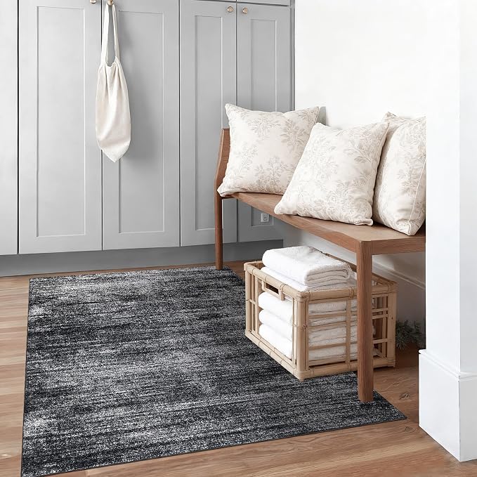 Black Bathroom Rug 3x5 Boho Abstract Low Pile Washable Carpet for Kitchen | Minimalist Neutral Modern, Small Soft Area Rugs with Non Slip, for Bedside Indoor Entryway, Floor Covering, Rubber Backing