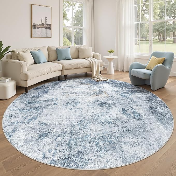 DMOYEST 8ft Round Area Rug for Living Room - 8x8 Washable & Non Slip Circle Rug, Kid & Pet Friendly Soft Low Pile Abstract Carpet for Bedroom and Dining Room - Blue