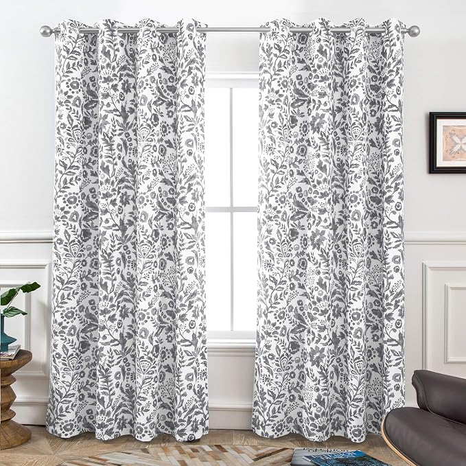 DriftAway Julia Blackout Curtains Grommet 2 Panels, W52xL84, Gray | Floral Curtains, Bedroom, Living Room, Room Darking, Watercolor Pattern, 2 Layers, Thermal Insulated, Window Treatment