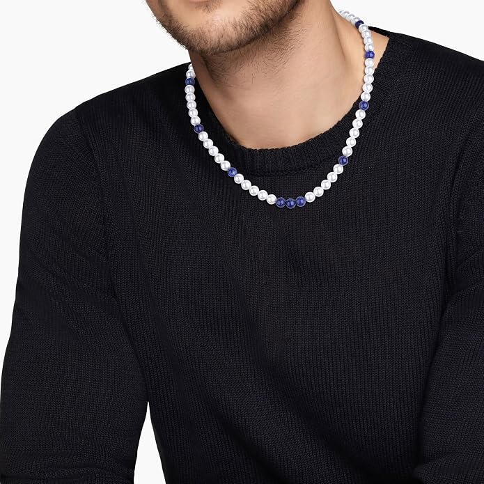 GAVU Men's Pearl Necklace, Pearl Jewelry Crystal Beaded Necklace for Men 20"/22"/24"/26"