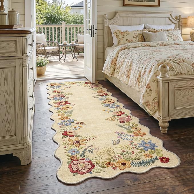 FMFUNCTEX 2x5 Hallway Runner Rug Washable Beige Floral Vintage Scalloped | Flower Colorful Traditional Boho Non Slip Low Pile Pattern Indoor Carpet Entryway Rugs Kitchen Bedroom Laundry Entry Bedside