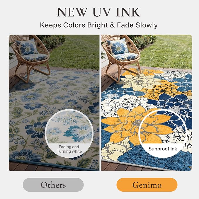 GENIMO 10x14 Outdoor Rug, Washable Quick Dry for Patio, Blue | Floral design for gazebo; lightweight chenille with quick-dry non-slip backing for indoor living spaces