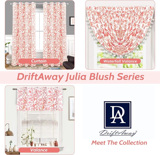 DriftAway Julia Blackout Curtains Grommet 2 Panels, W52xL84, Blush | Floral Curtains, Bedroom, Living Room, Room Darking, Watercolor Pattern, 2 Layers, Thermal Insulated, Window Treatment
